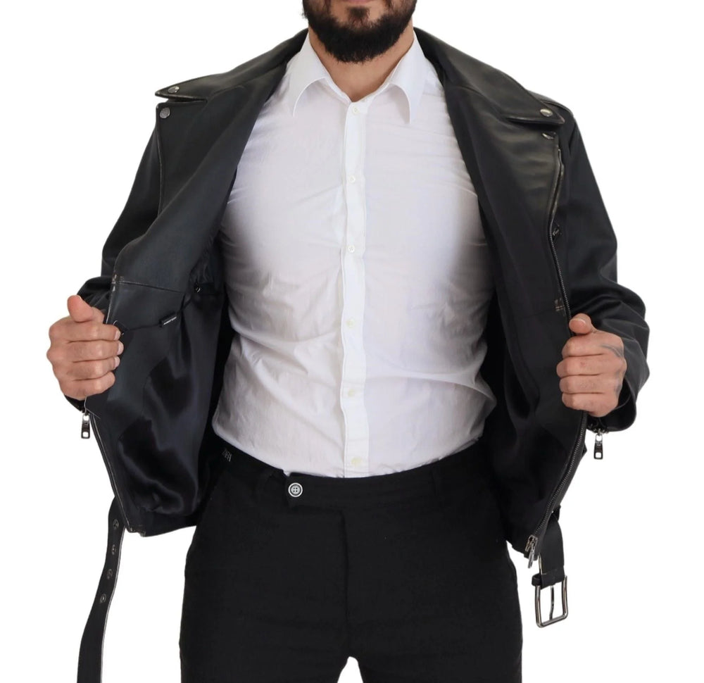 Dolce & Gabbana Black Leather Biker Coat Zipper Jacket - IT46 | S - Motorcycle Outerwear