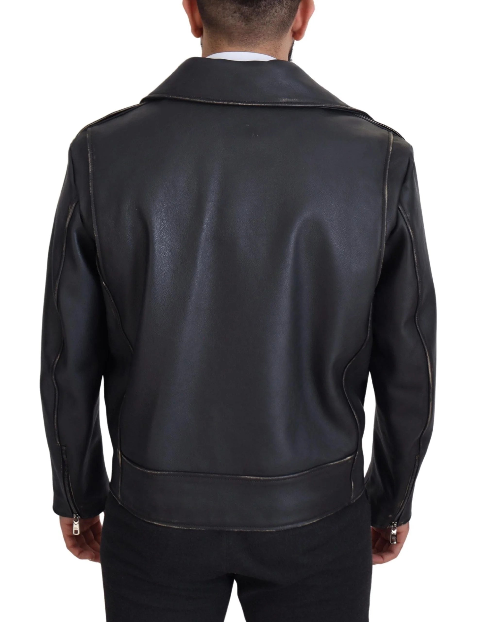 Dolce & Gabbana Black Leather Biker Coat Zipper Jacket - IT46 | S - Motorcycle Outerwear