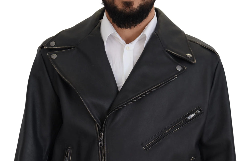 Dolce & Gabbana Black Leather Biker Coat Zipper Jacket - IT46 | S - Motorcycle Outerwear