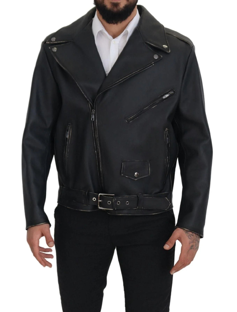 Dolce & Gabbana Black Leather Biker Coat Zipper Jacket - IT46 | S - Motorcycle Outerwear
