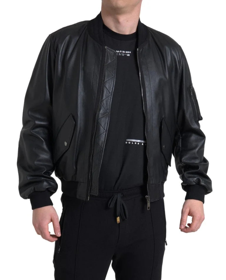 Dolce & Gabbana Black Leather Blouson Full Zip Bomber Jacket - IT44 | XS - Bomber Jackets