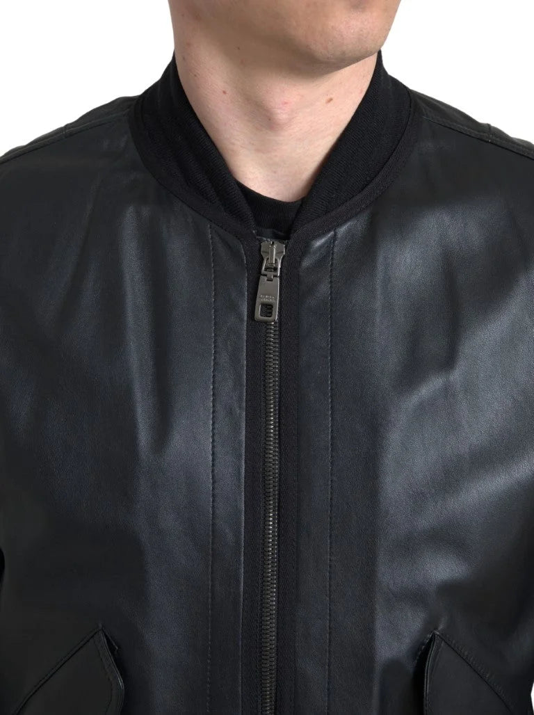 Dolce & Gabbana Black Leather Blouson Full Zip Bomber Jacket - IT44 | XS - Bomber Jackets