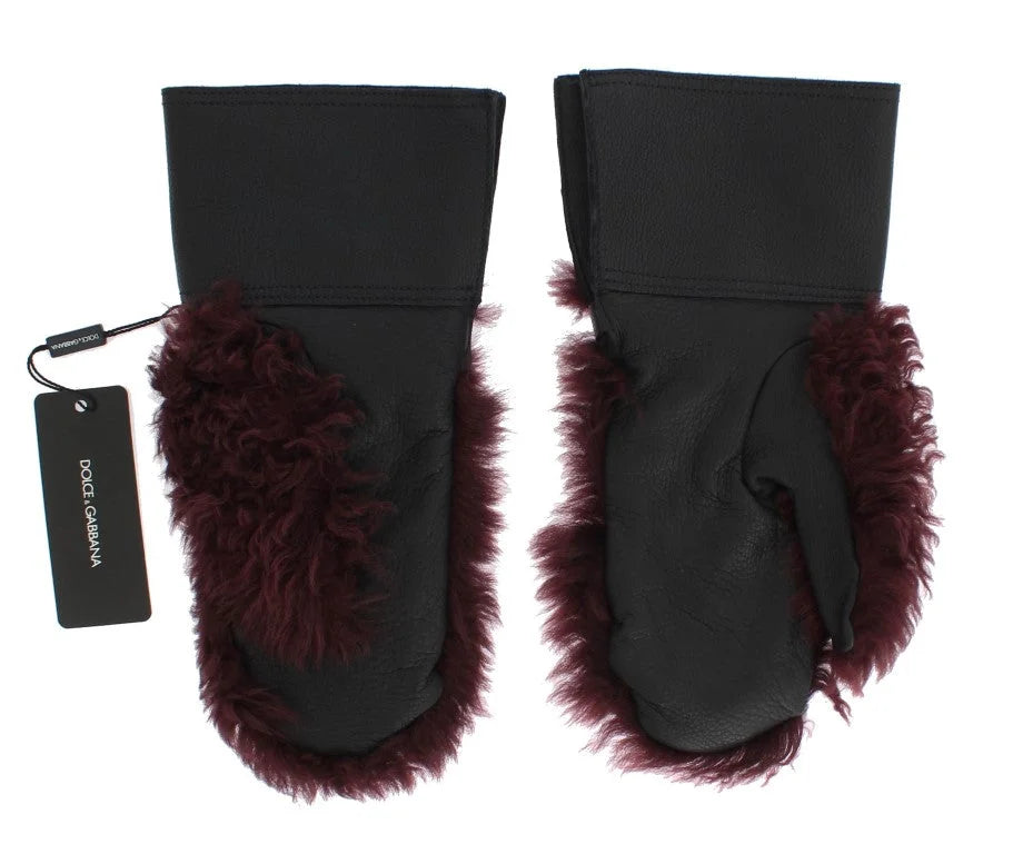 Dolce & Gabbana Black Leather Bordeaux Shearling Gloves - Gloves & Mittens