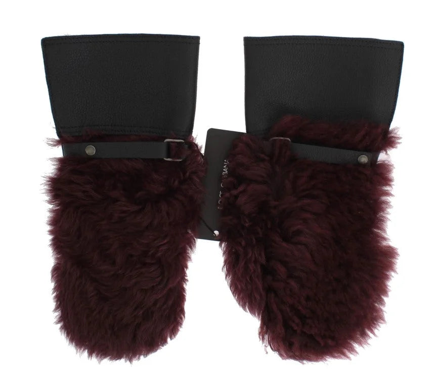 Dolce & Gabbana Black Leather Bordeaux Shearling Gloves - Gloves & Mittens