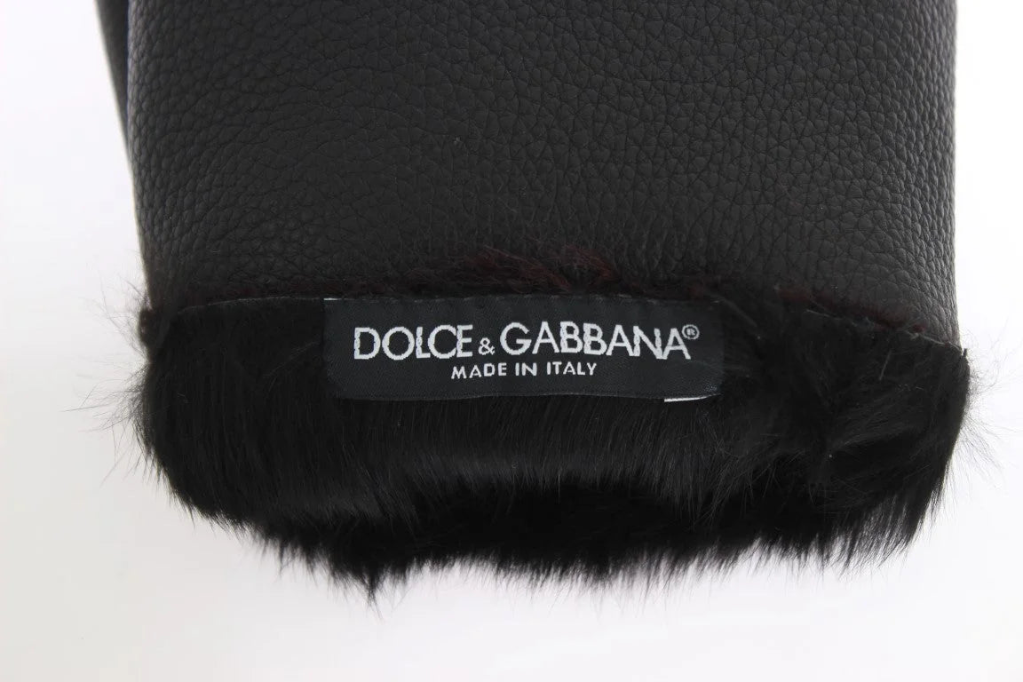 Dolce & Gabbana Black Leather Bordeaux Shearling Gloves - Gloves & Mittens