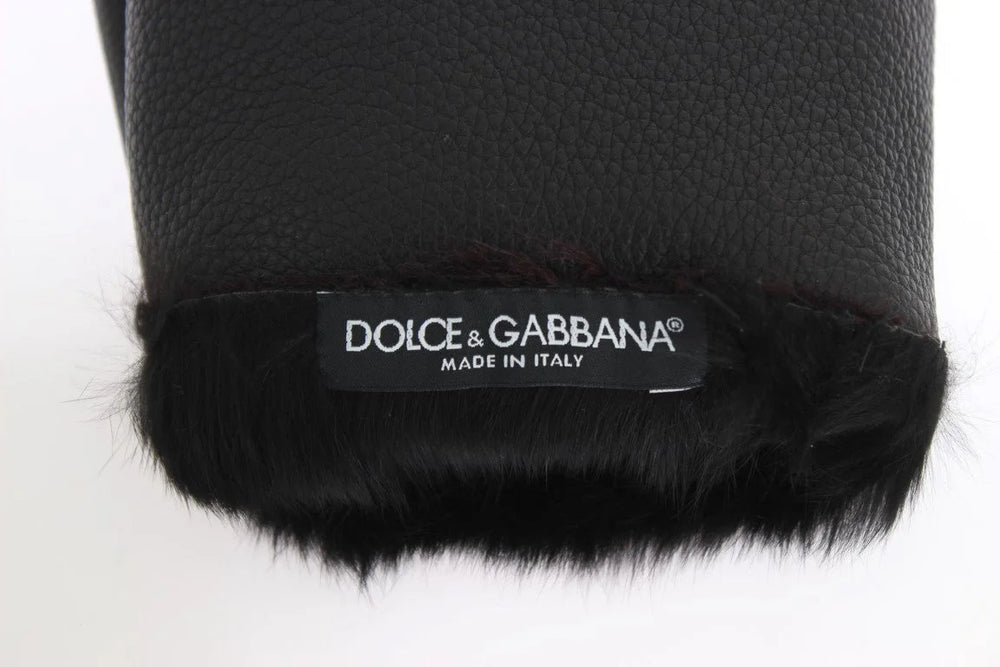 Dolce & Gabbana Black Leather Bordeaux Shearling Gloves - Gloves & Mittens