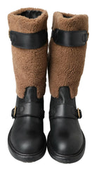 Dolce & Gabbana Black Leather Brown Shearling Boots - Boots