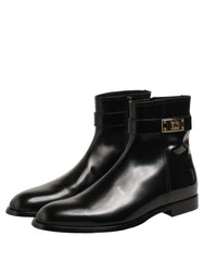 Dolce & Gabbana Black Leather Buckle Mid Calf Boots Shoes - EU45/US12