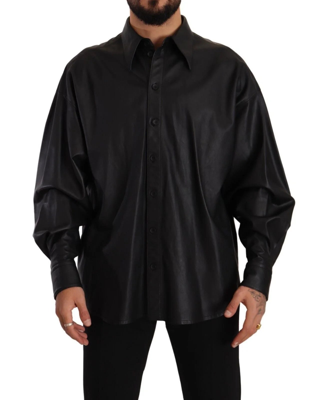 Dolce & Gabbana Black Leather Button Down Men Collared Jacket - IT52 | XL - Coats & Jackets