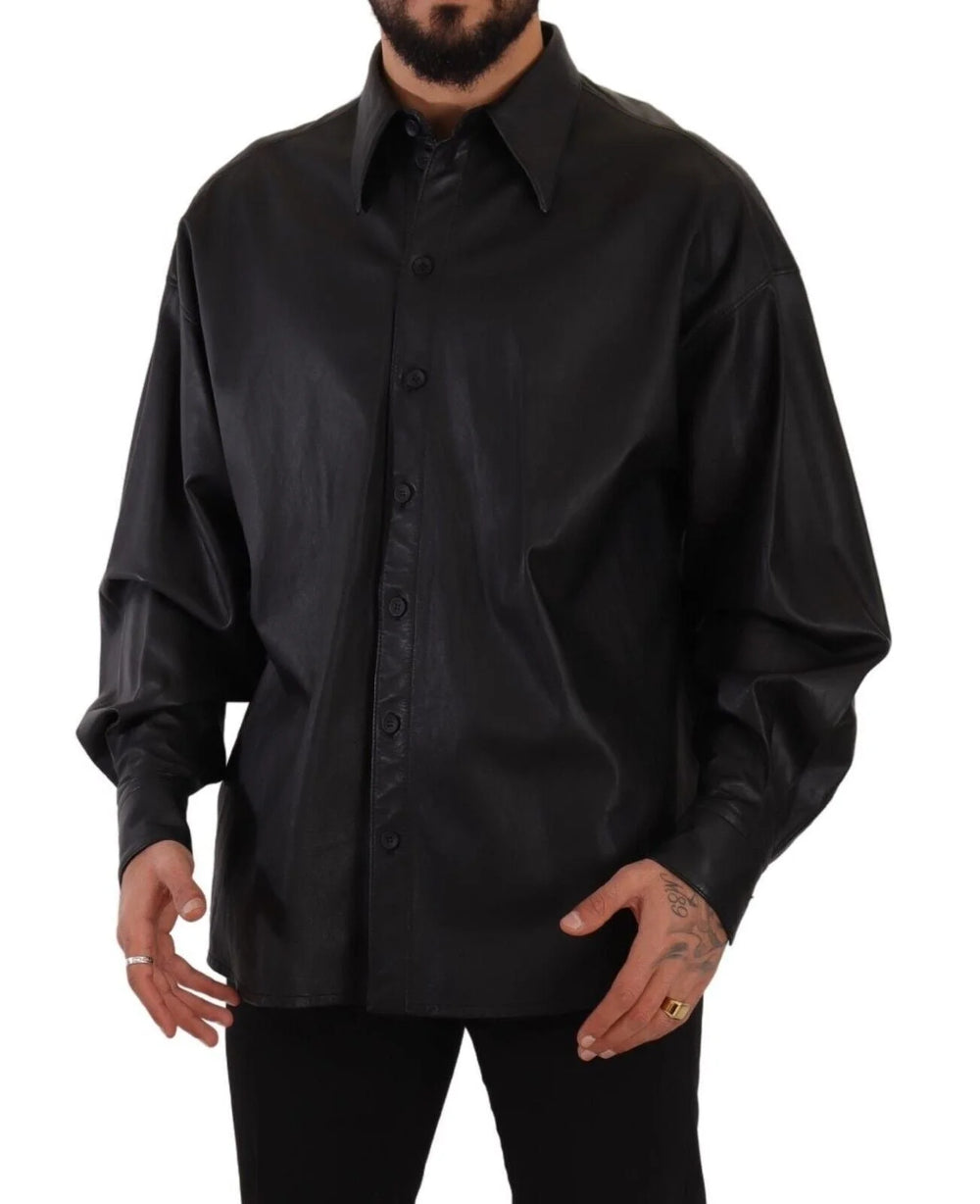 Dolce & Gabbana Black Leather Button Down Men Collared Jacket - IT52 | XL - Coats & Jackets