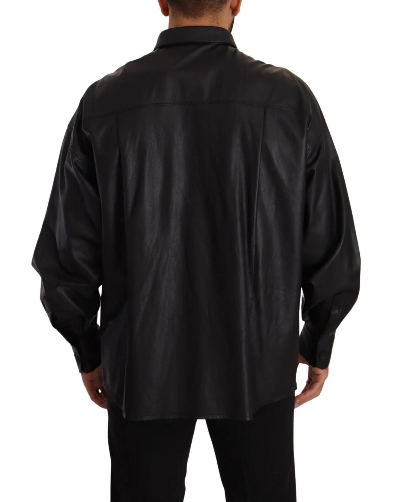 Dolce & Gabbana Black Leather Button Down Men Collared Jacket - IT52 | XL - Coats & Jackets