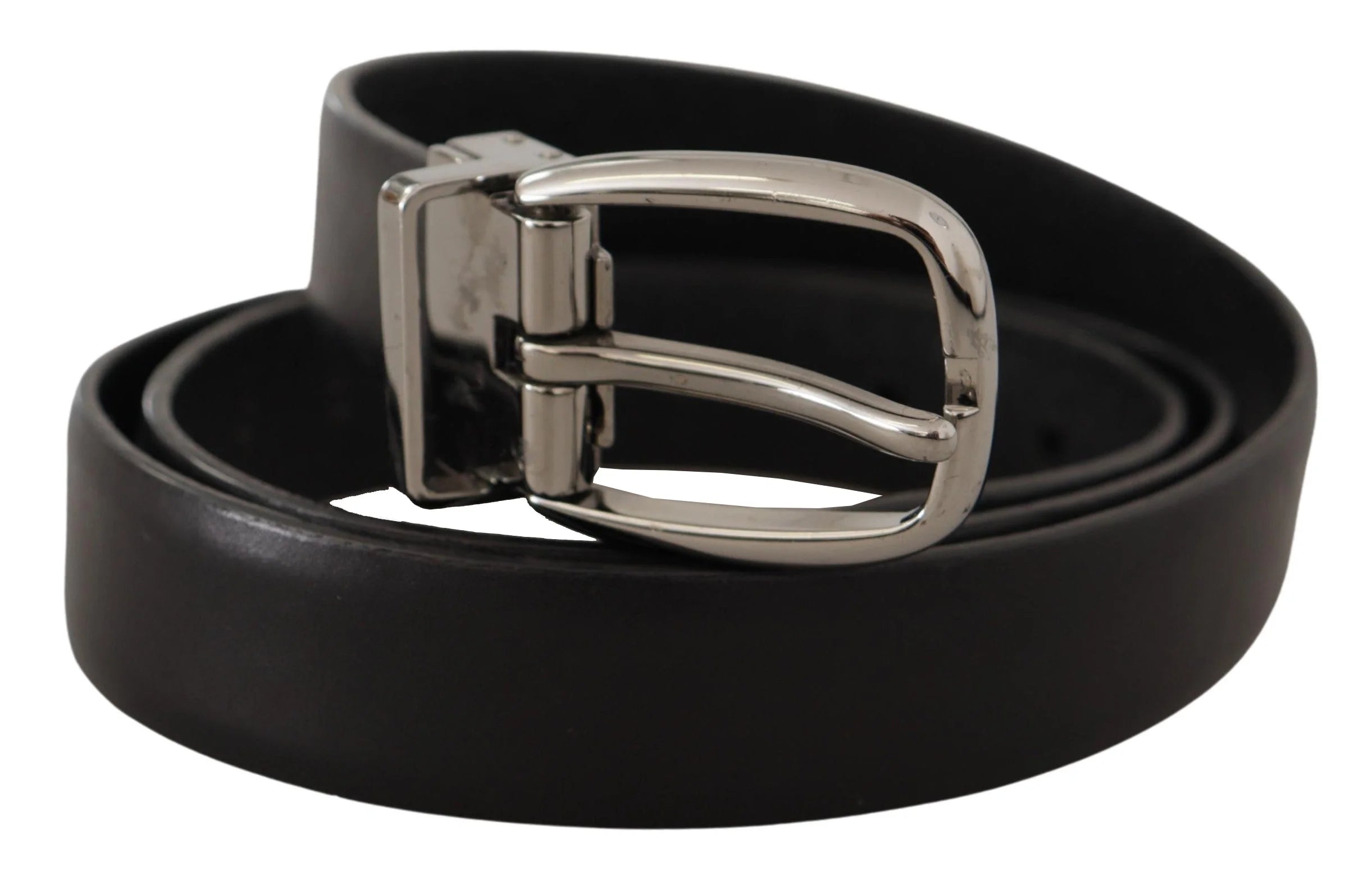 Dolce & Gabbana Black Leather Chrome Logo Metal Buckle Belt - 90 cm / 36 Inches - Belts
