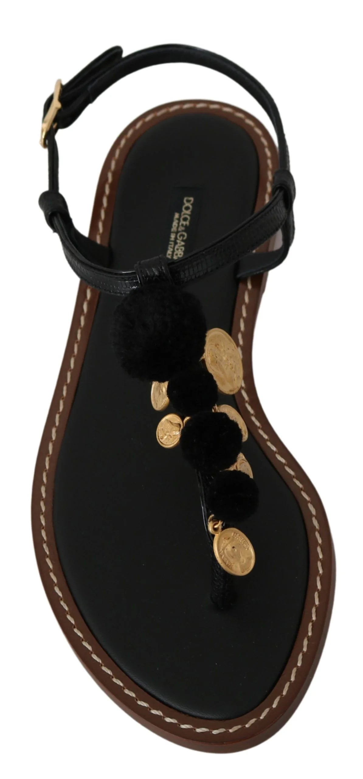 Dolce & Gabbana Black Leather Coins Flip Flops Sandals Shoes - EU35/US4.5 - Sandals