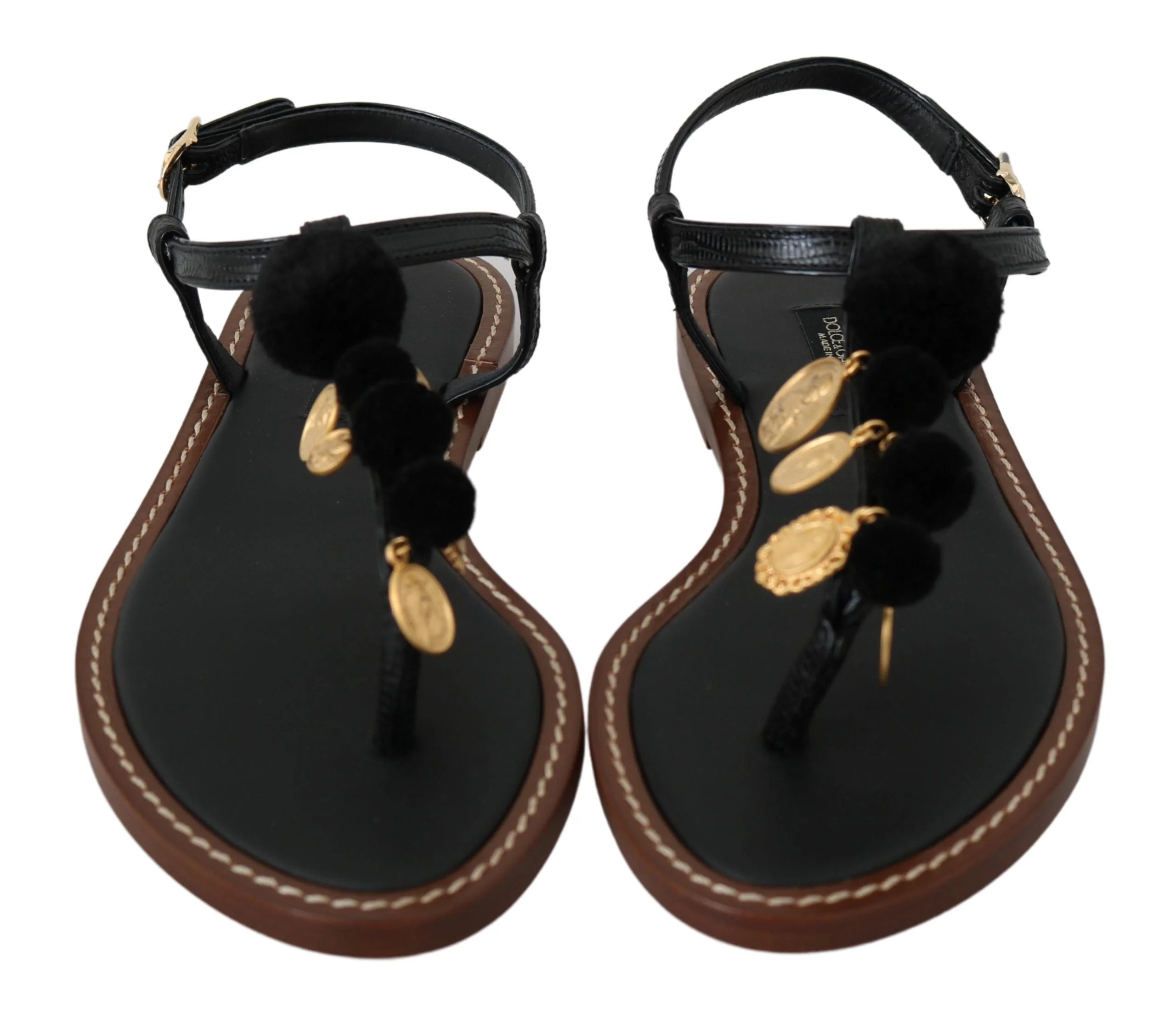 Dolce & Gabbana Black Leather Coins Flip Flops Sandals Shoes - EU35/US4.5 - Sandals