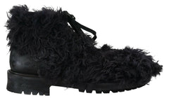 Dolce & Gabbana Black Leather Combat Shearling Boots Shoes - EU42/US9 - Boots