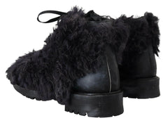 Dolce & Gabbana Black Leather Combat Shearling Boots Shoes - EU42/US9 - Boots