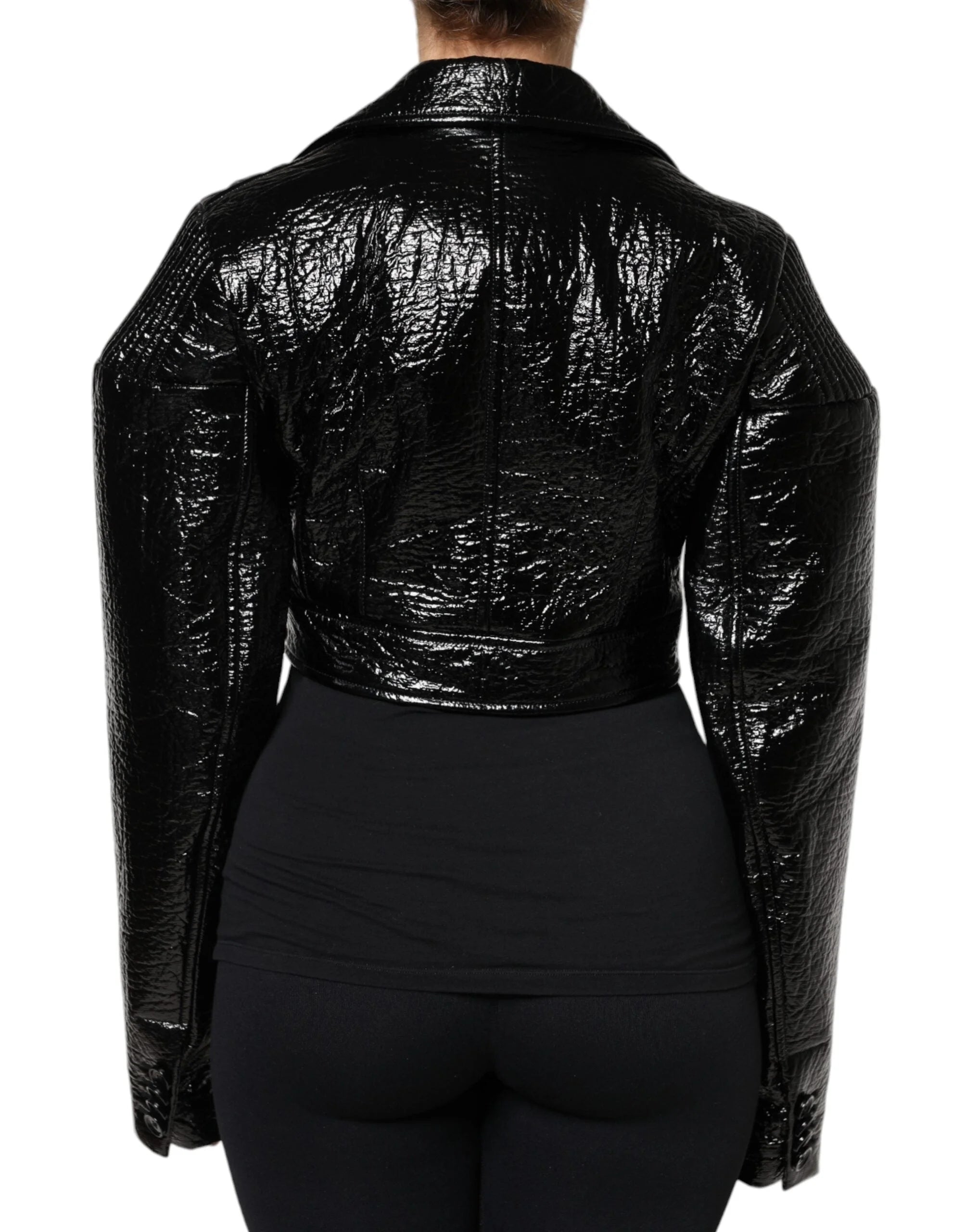 Dolce & Gabbana Black Leather Cropped Long Sleeve Coat Jacket - IT40|S - Coats & Jackets