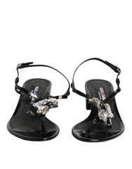 Dolce & Gabbana Black Leather Crystal Ankle Strap Sandals Shoes - Sandals
