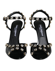 Dolce & Gabbana Black Leather Crystal Ankle Strap Sandals Shoes - EU39/US8.5 - Sandals