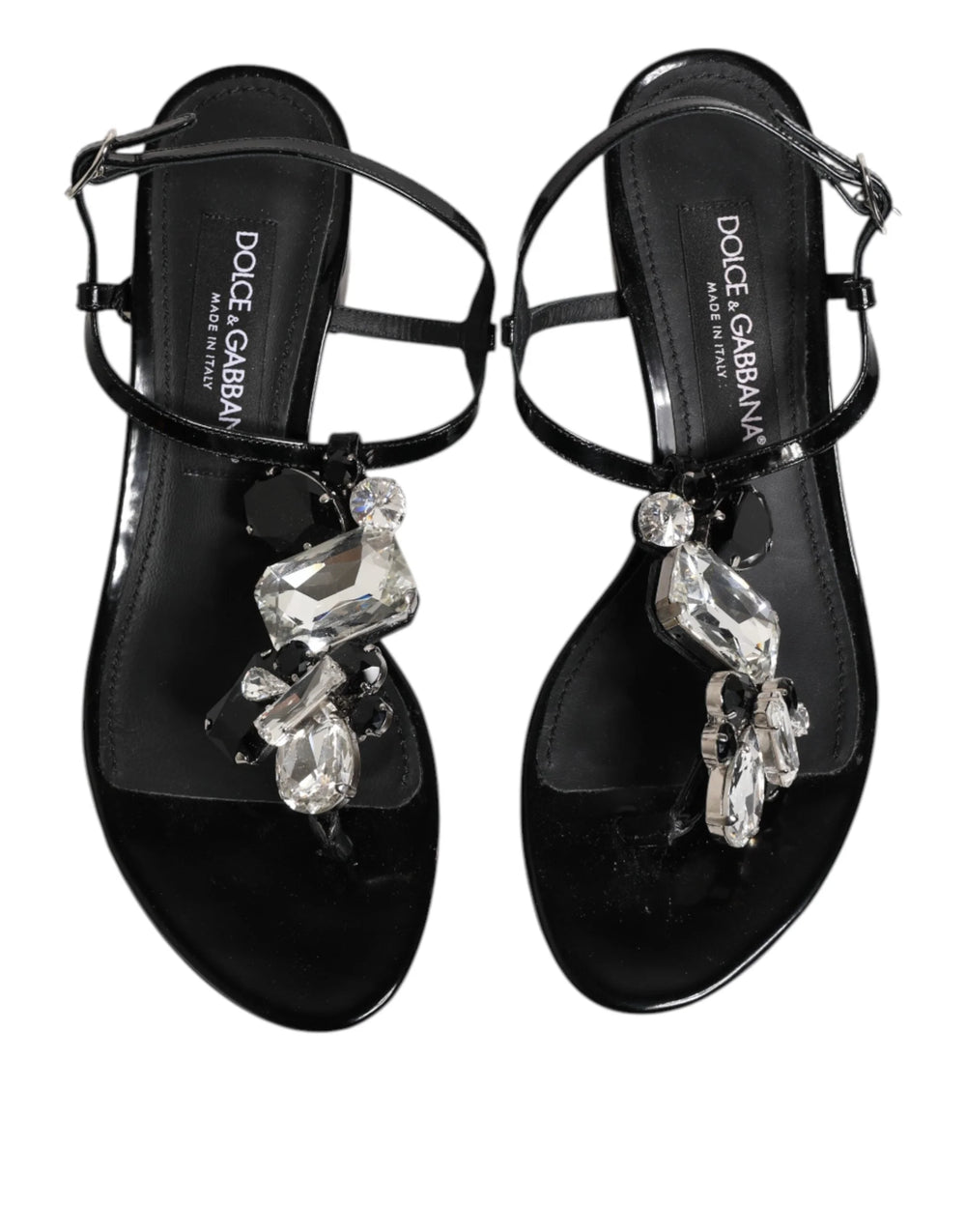 Dolce & Gabbana Black Leather Crystal Ankle Strap Sandals Shoes - Sandals