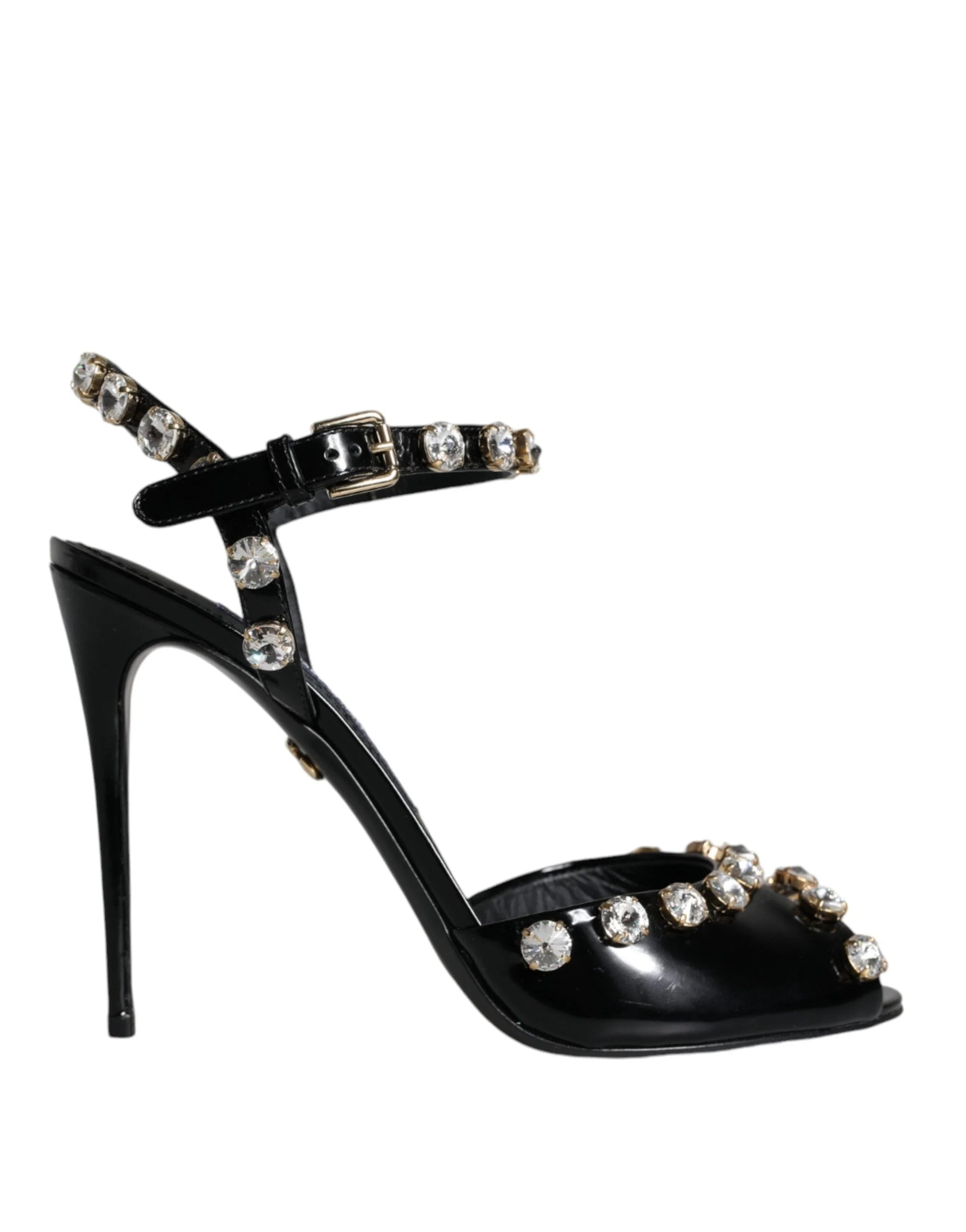 Dolce & Gabbana Black Leather Crystal Ankle Strap Sandals Shoes - EU39/US8.5