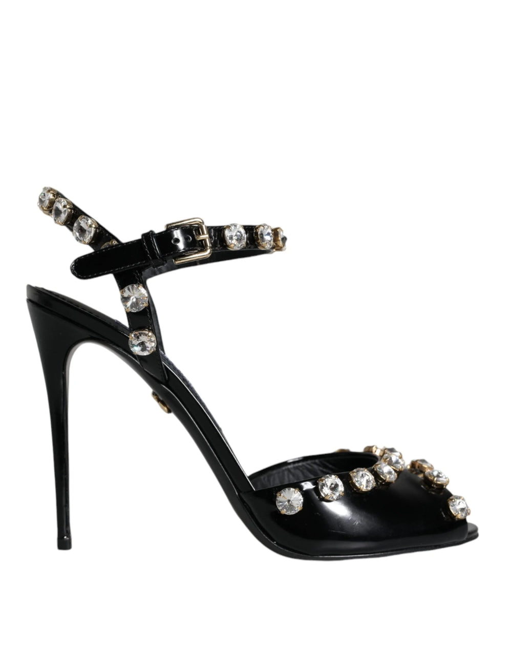 Dolce & Gabbana Black Leather Crystal Ankle Strap Sandals Shoes - EU39/US8.5