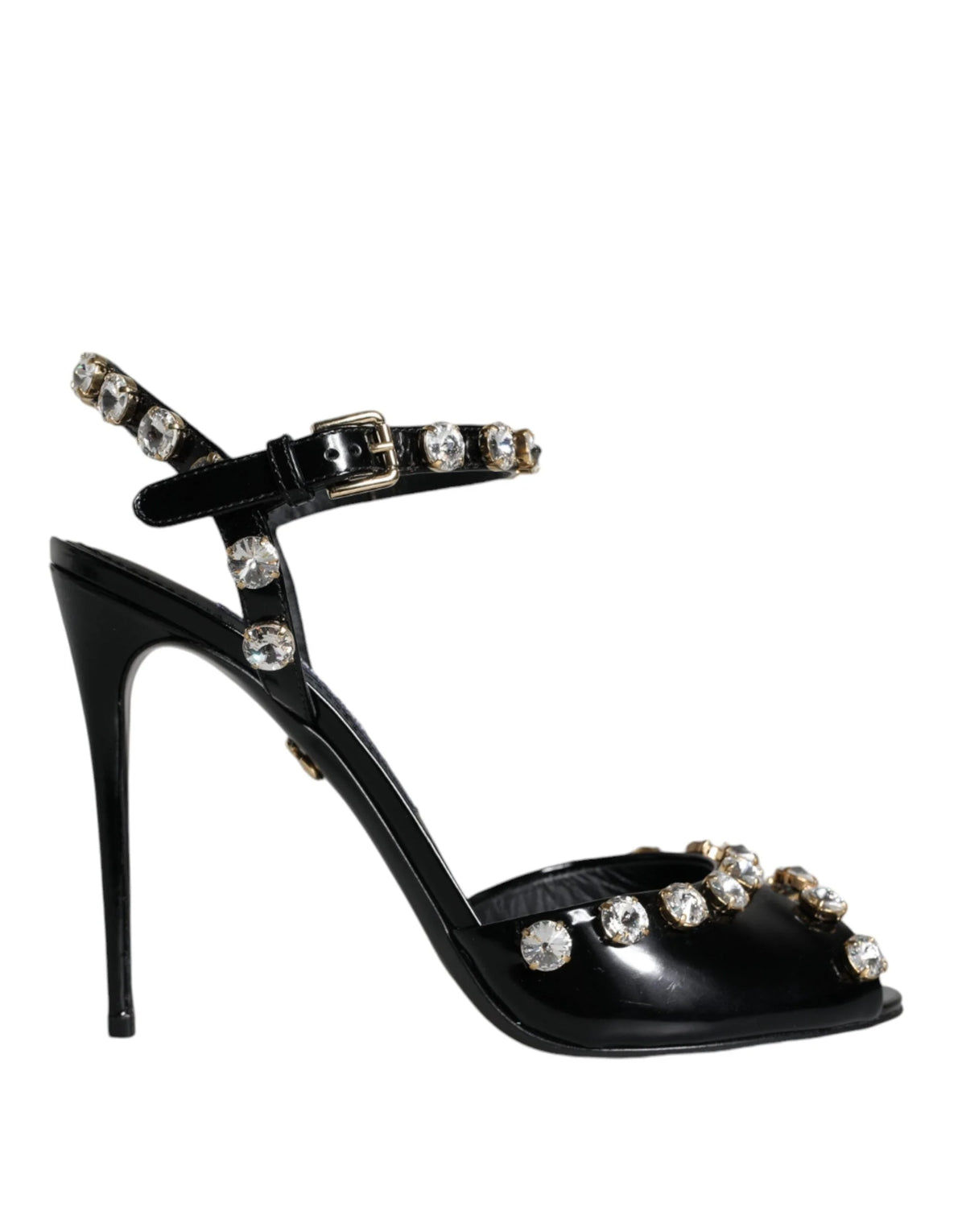Dolce & Gabbana Black Leather Crystal Ankle Strap Sandals Shoes - EU39/US8.5 - Sandals