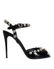 Dolce & Gabbana Black Leather Crystal Ankle Strap Sandals Shoes - EU39/US8.5 - Sandals