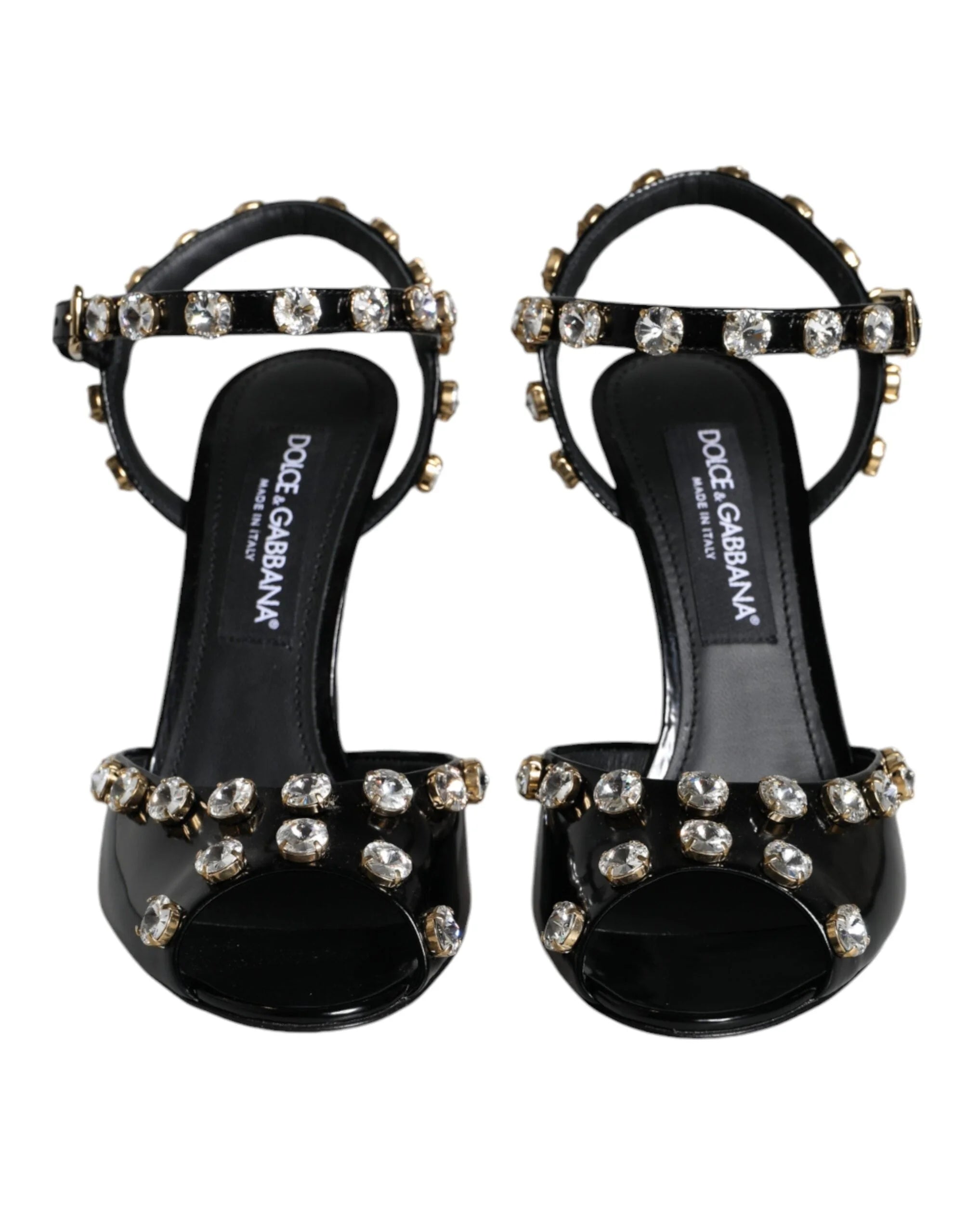 Dolce & Gabbana Black Leather Crystal Ankle Strap Sandals Shoes - EU39/US8.5
