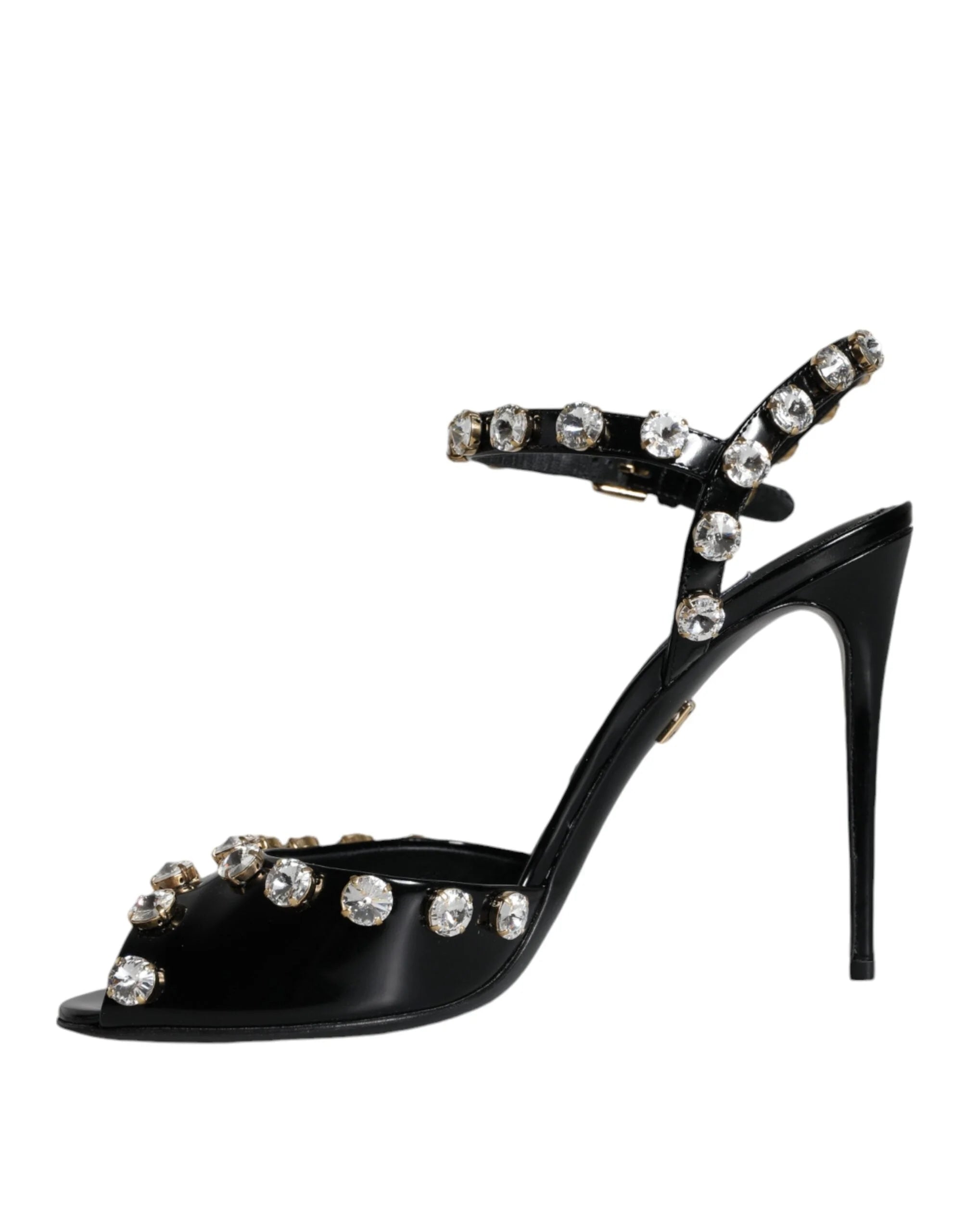 Dolce & Gabbana Black Leather Crystal Ankle Strap Sandals Shoes - EU39/US8.5
