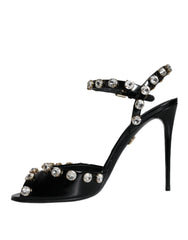 Dolce & Gabbana Black Leather Crystal Ankle Strap Sandals Shoes - EU39/US8.5