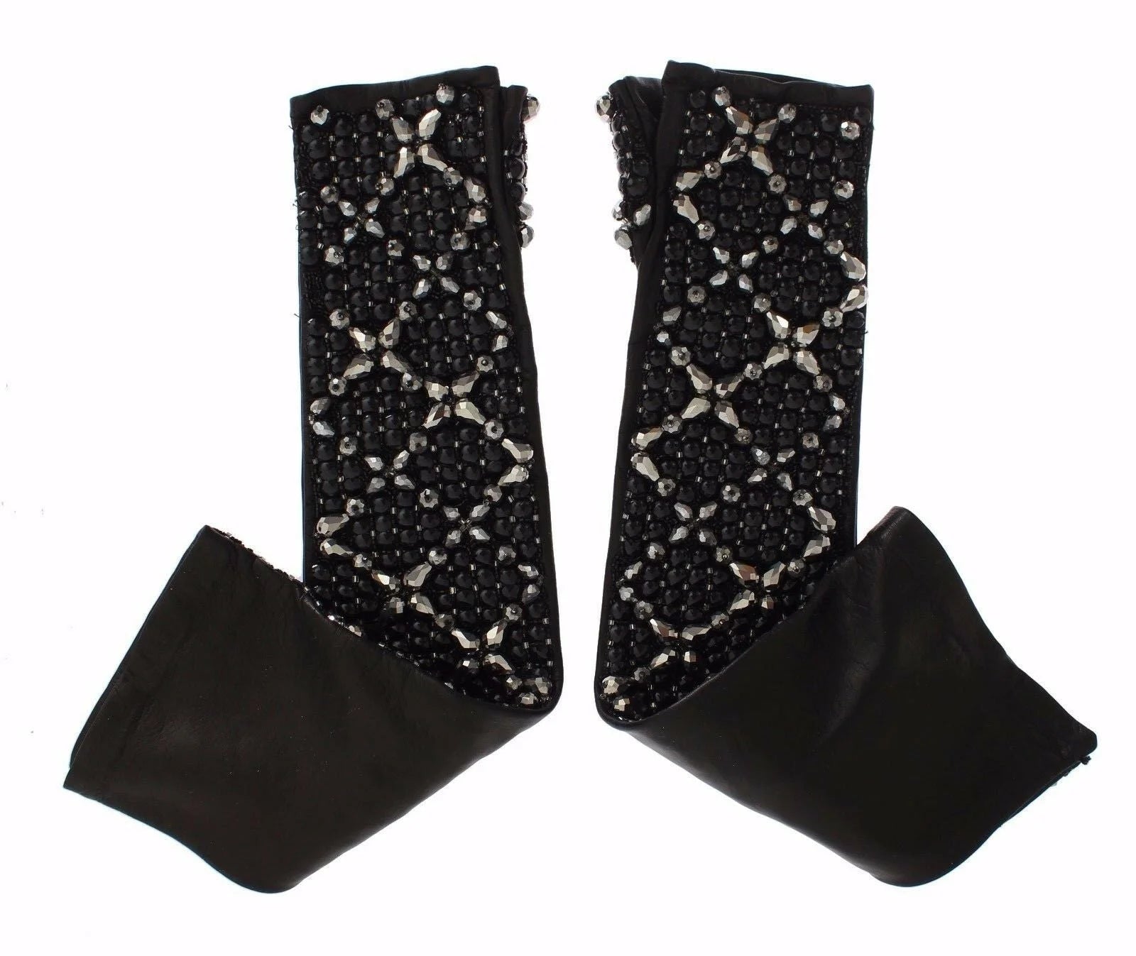Dolce & Gabbana Black Leather Crystal Beaded Finger Free Gloves - 7|S - Gloves & Mittens