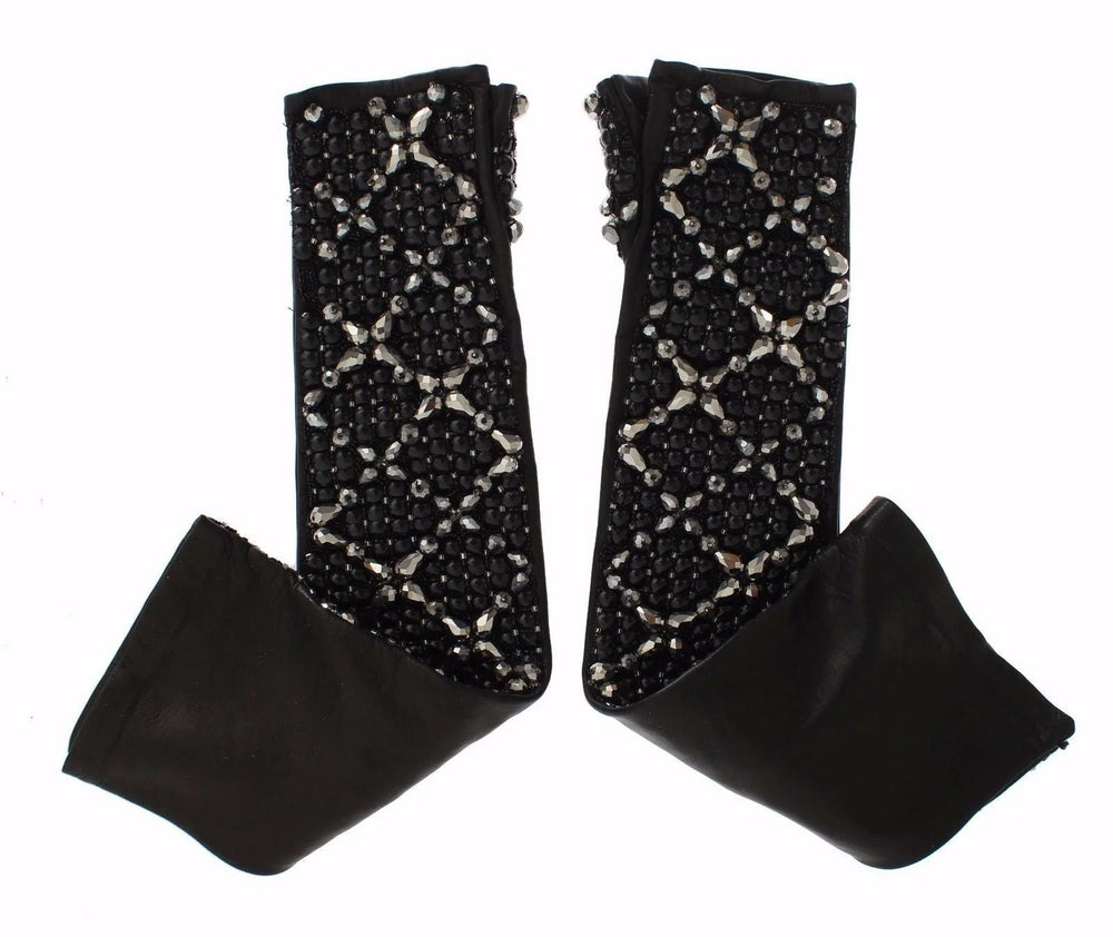 Dolce & Gabbana Black Leather Crystal Beaded Finger Free Gloves - 7|S - Gloves & Mittens
