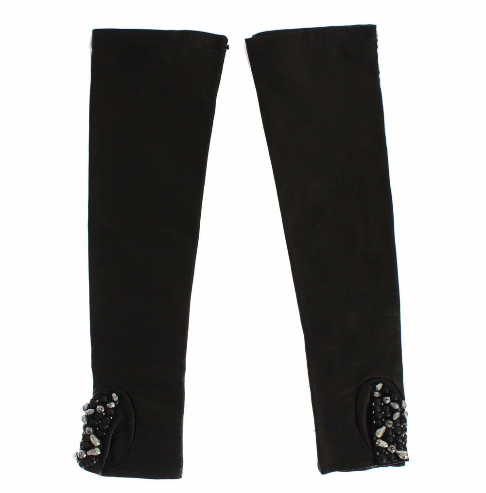 Dolce & Gabbana Black Leather Crystal Beaded Finger Free Gloves - 7|S - Gloves & Mittens