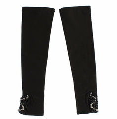 Dolce & Gabbana Black Leather Crystal Beaded Finger Free Gloves - 7|S - Gloves & Mittens