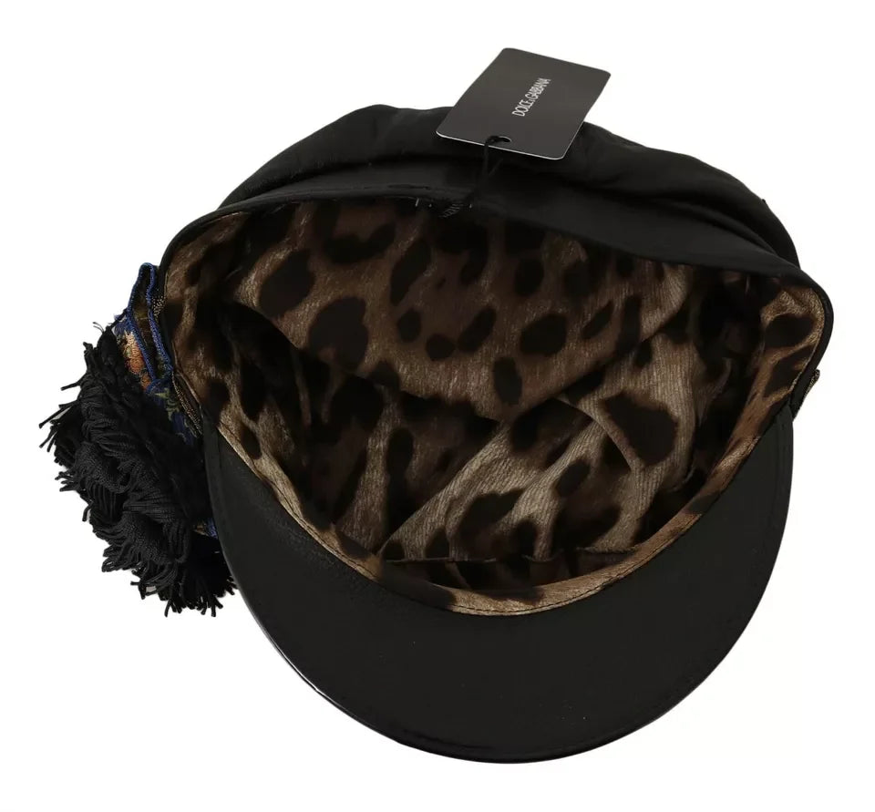 Dolce & Gabbana Black Leather Crystal Beads Gold Ribbon Fiddler Cap - 56 cm|XS - Hats