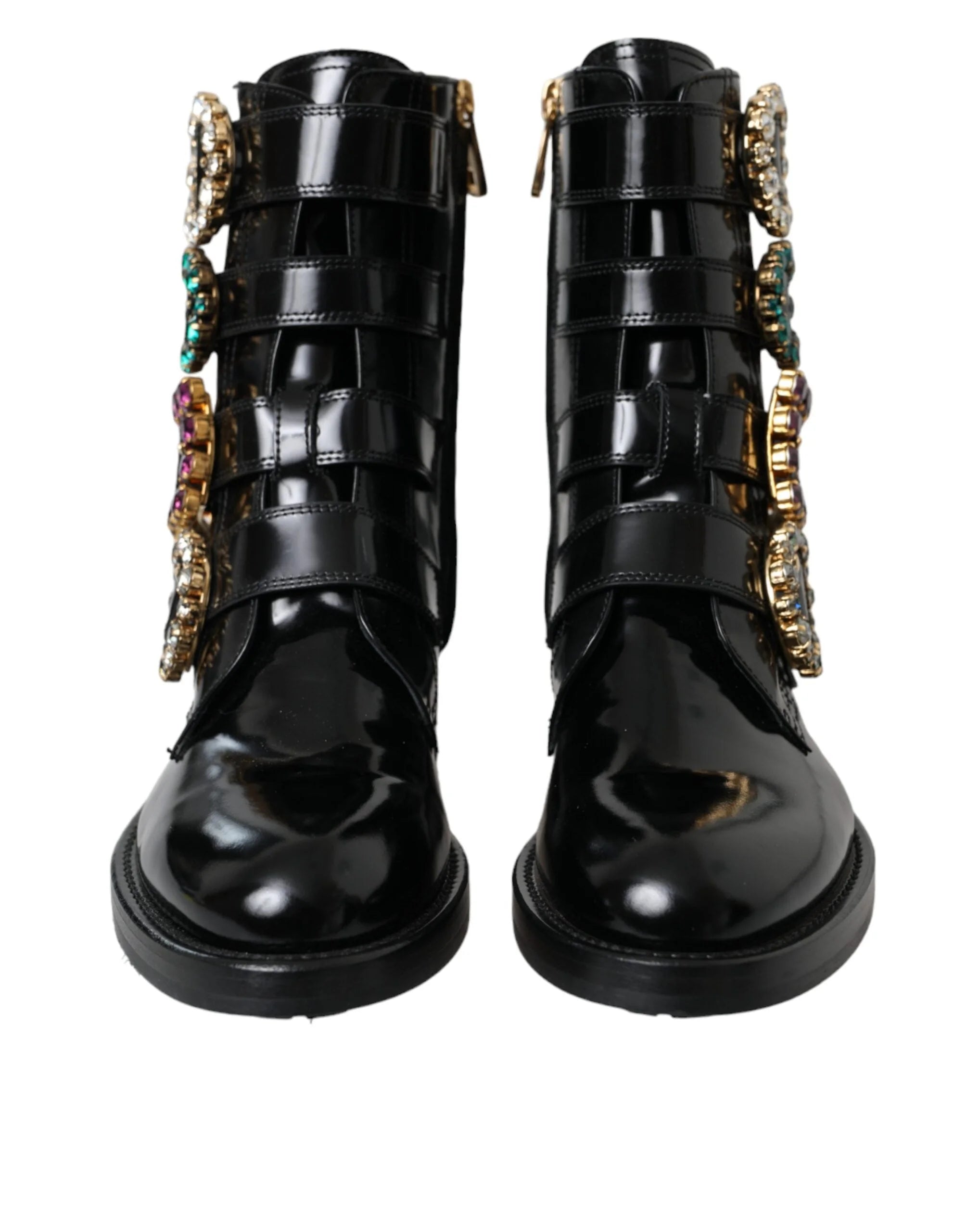 Dolce & Gabbana Black Leather Crystal Buckles Boots Shoes - EU35/US4.5 - Boots