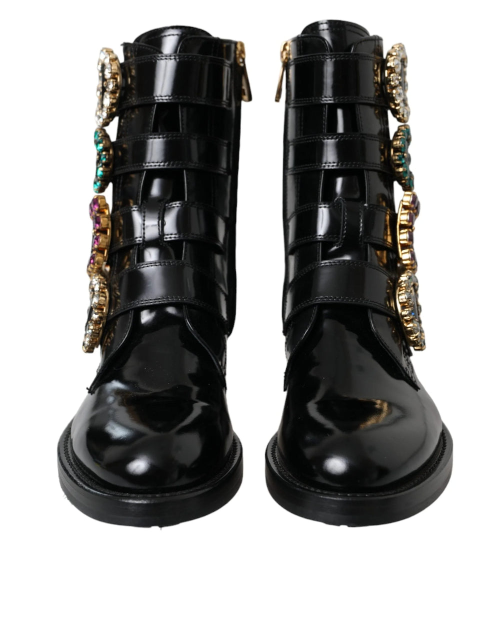 Dolce & Gabbana Black Leather Crystal Buckles Boots Shoes - EU35/US4.5 - Boots