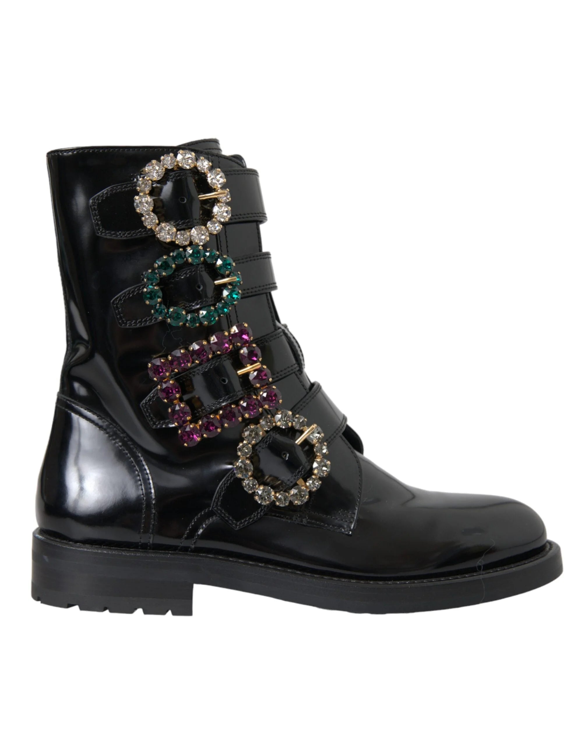 Dolce & Gabbana Black Leather Crystal Buckles Boots Shoes - EU35/US4.5 - Boots
