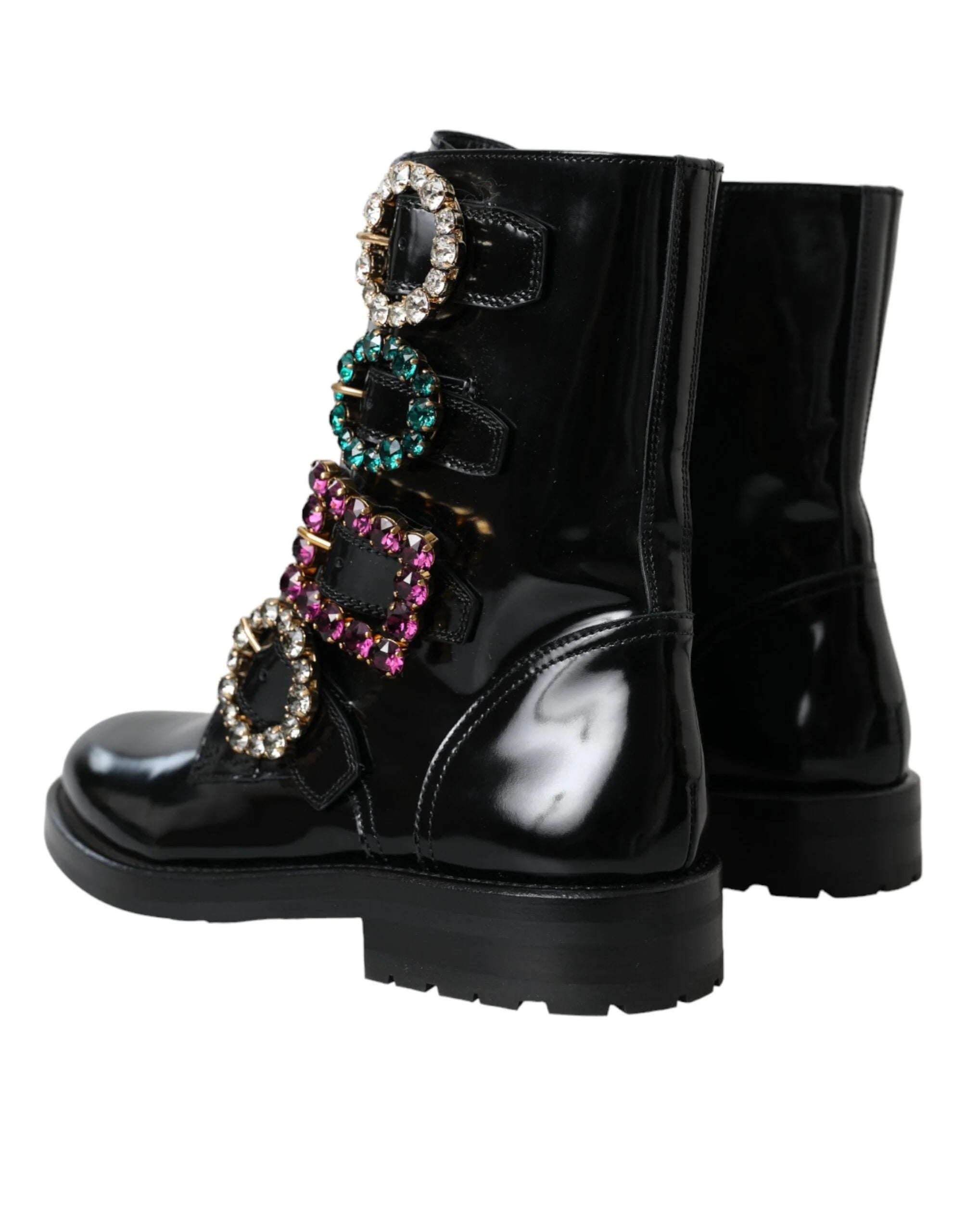 Dolce & Gabbana Black Leather Crystal Buckles Boots Shoes - EU35/US4.5 - Boots