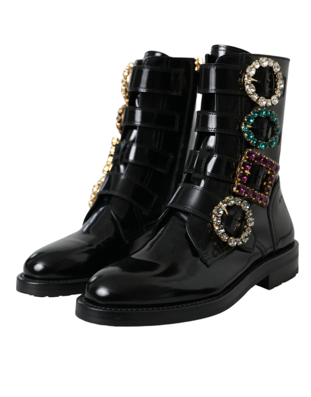 Dolce & Gabbana Black Leather Crystal Buckles Boots Shoes - EU35/US4.5 - Boots