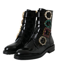 Dolce & Gabbana Black Leather Crystal Buckles Boots Shoes - EU35/US4.5 - Boots