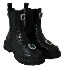 Dolce & Gabbana Black Leather Crystal Combat Boots - EU35/US4.5