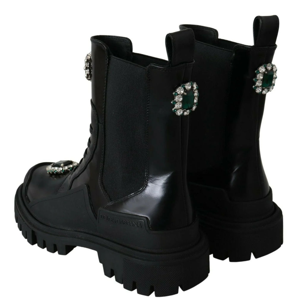 Dolce & Gabbana Black Leather Crystal Combat Boots - EU35/US4.5