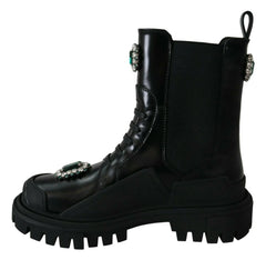 Dolce & Gabbana Black Leather Crystal Combat Boots - EU35/US4.5