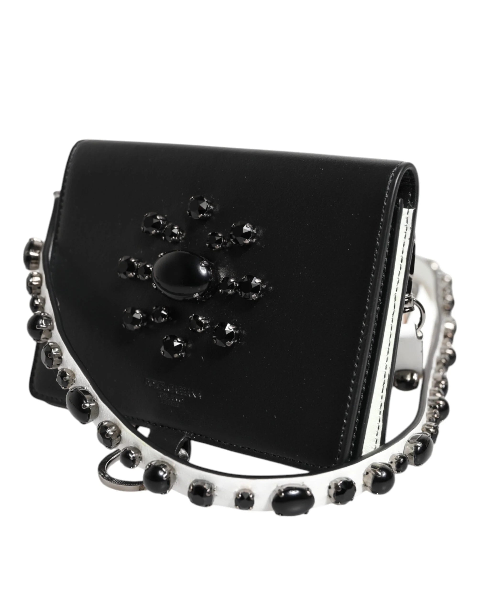 Dolce & Gabbana Black Leather Crystal Embellished Card Holder Wallet - Card Cases