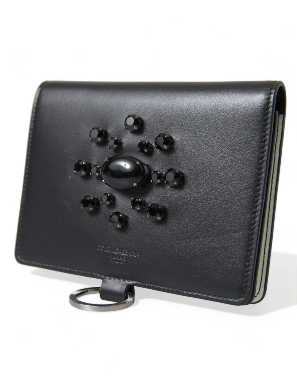 Dolce & Gabbana Black Leather Crystal Embellished Card Holder Wallet - Card Cases