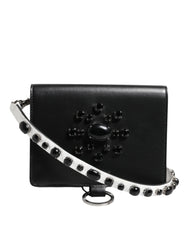 Dolce & Gabbana Black Leather Crystal Embellished Card Holder Wallet - Card Cases