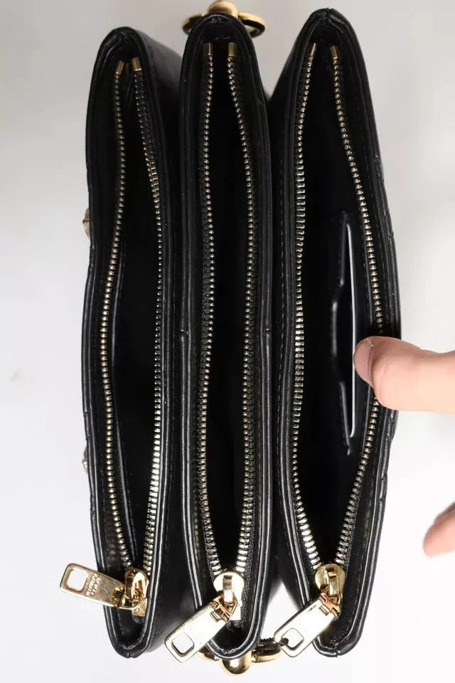 Dolce & Gabbana Black Leather Crystal Embellished Logo Shoulder Bag - Shoulder Bags