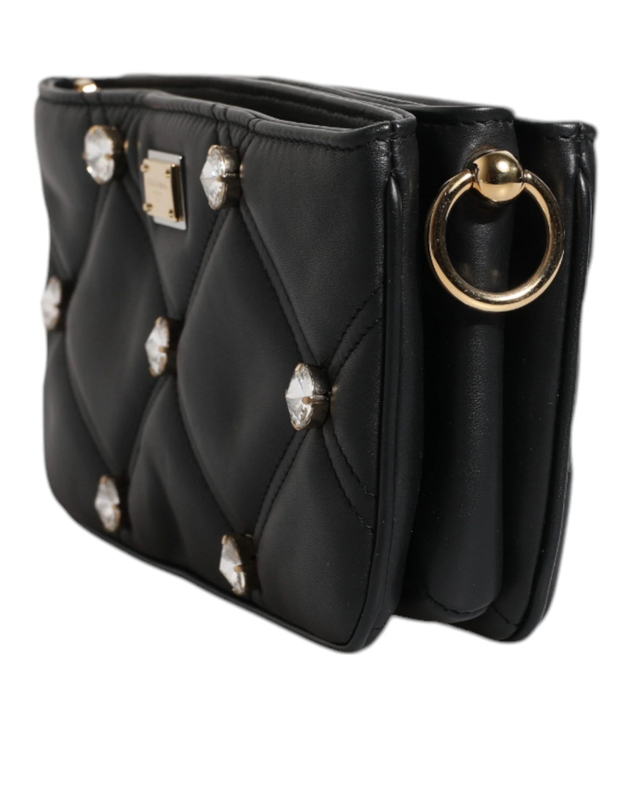Dolce & Gabbana Black Leather Crystal Embellished Logo Shoulder Bag - Shoulder Bags
